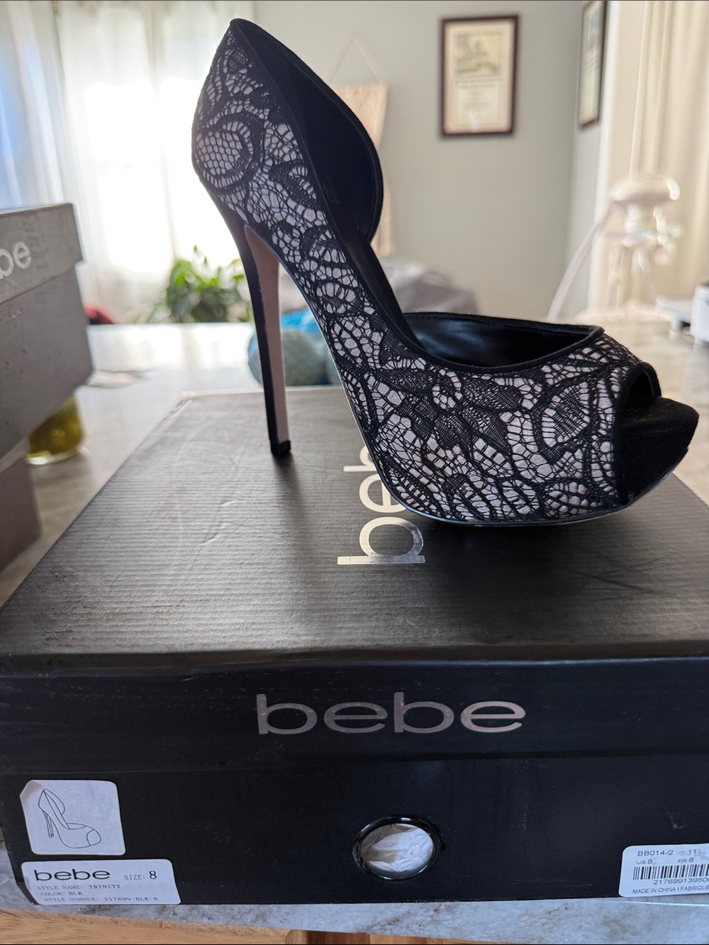 bebe Black Lace Peep-Toe Platform Heels
